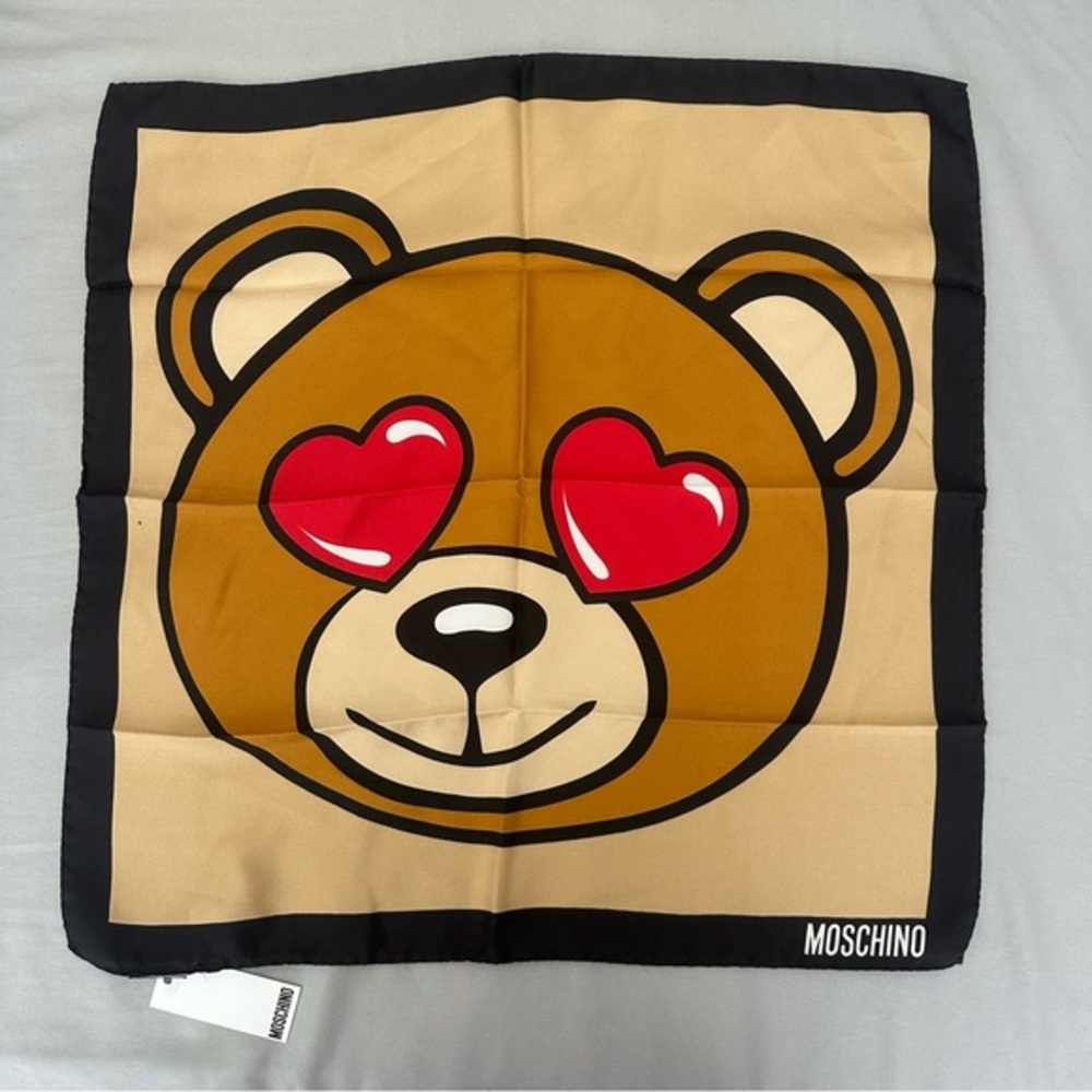 MOSCHINO TEDDY BEAR HEARTS IN THE EYES SILK SCARF
